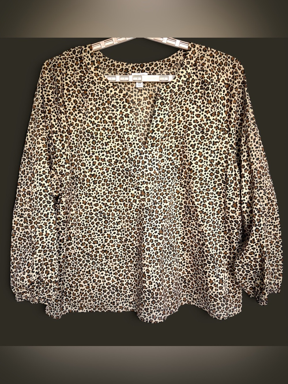 J.Crew Leopard Print Popover Blouse Women 2X Long Sleeve Split Neck SP25 EUC